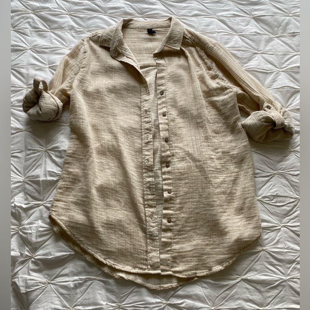 Muslin Swim Coverup beige soft flowy beach pool comfort button down front